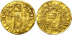 HONGRIE, Louis Ier d''Anjou (1342-1382), AV florin d''or, vers 1364-1372, Buda. D/ Ecu parti d''Hongrie-Anjou dans un polylobe cantonné de petits lis....