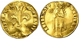 ITALIE, FLORENCE, République (1189-1532), AV fiorino d''oro, 1252-1421. Différent: fleur à cinq pétales. D/ + FLOR-ENTIA Lis florentin. R/ ·S· IOHA-NN...