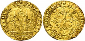 NEDERLAND, HOLLAND, Graafschap, Willem VI van Beieren (1404-1417), AV gouden schild (klinkaert), emissie 1411, Dordrecht. Vz/ De gezeten graaf, met op...