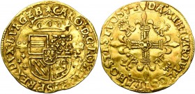 BRABANT, Duché, Charles Quint (1506-1555), AV écu d''or au soleil, 1554, Anvers. D/ Ecu couronné d''Autriche-Bourgogne, accosté de deux briquets. R/ C...