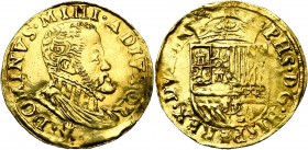 BRABANT, Duché, Philippe II (1555-1598), AV demi-réal d''or, s.d. (1560-1573), Anvers. Avec main sous le buste. D/ B. cuir. à d. R/ Ecu couronné. G.H....