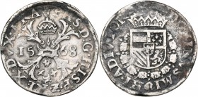 BRABANT, Duché, Philippe II (1555-1598), AR écu de Bourgogne, 1568, Anvers. D/ Croix de Bourgogne, sous une couronne, chargée d''un briquet, accostée ...
