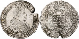 BRABANT, Duché, Philippe IV (1621-1665), AR ducaton, 1654, Bruxelles. Deuxième type. D/ B. dr. et cuir. à d. R/ Ecu couronné, tenu par deux lions. En ...
