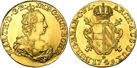 BRABANT, Duché, Marie-Thérèse (1740-1780), AV double souverain, 1749, Anvers. Premier type. Tranche cordonnée en creux. D/ B. couronné à d. R/ Ecu éch...