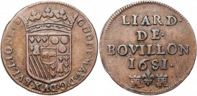 BOUILLON ET SEDAN, Godefroid-Maurice de la Tour d''Auvergne (1652-1721), Cu liard de Bouillon, 1681. D/ Ecu couronné, écartelé de La Tour en 1 et 4, B...