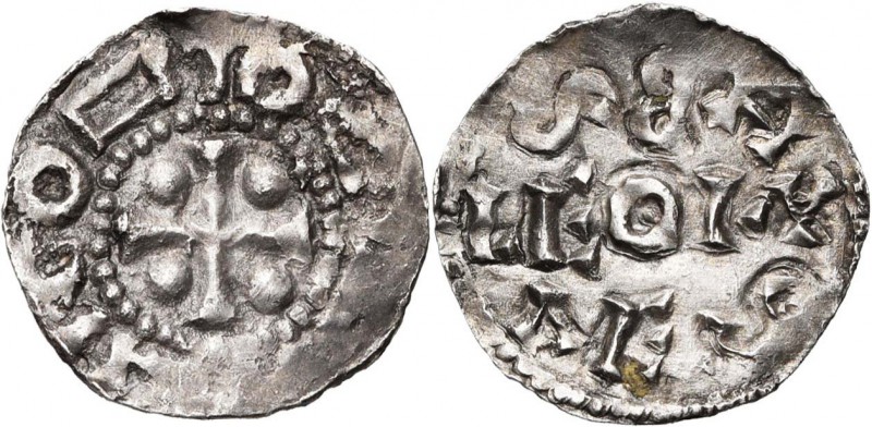 LIEGE, AR denier, fin du 10e s. D/ Croix cantonnée de quatre globules. Légende d...