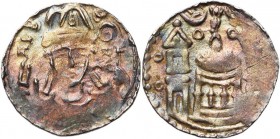 LIEGE, Principauté, Albert de Cuyck (1195-1200), AR denier, à partir de 1196, Huy. D/ B. mitré de f., bénissant de la main d. et ten. la crosse de la ...