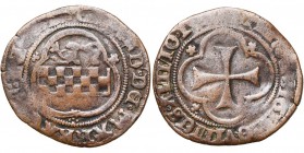 LIEGE, Principauté, Erard de la Marck (1506-1538), Cu brûlé, 15[], Hasselt. D/ Trilobe aux armes de la Marck, cantonné de trois rosettes. R/ Croix dan...