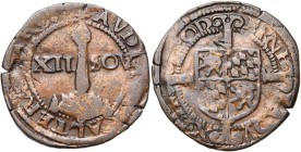 LIEGE, Principauté, Ernest de Bavière (1581-1612), Cu brûlé de 12 sols, s.d., Liège. D/ Ecu écartelé Bavière-Palatinat, posée sur une croix ornée long...