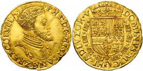 VLAANDEREN, Graafschap, Philips II (1555-1598), gouden reaal, z.j. (1557-1560), Brugge. Met titel van koning van Engeland. Vz/ PHS D G HISP ANG Z REX ...