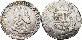 VLAANDEREN, Graafschap, Philips II (1555-1598), AR Philipsdaalder, 1557, Brugge. Met titel van koning van Engeland. Vz/ Geharnast bb. r. Met PHS in de...