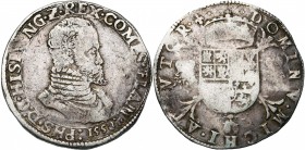 VLAANDEREN, Graafschap, Philips II (1555-1598), AR Philipsdaalder, 1558, Brugge. Met titel van koning van Engeland. Vz/ Geharnast bb. r. Kz/ Gekroond ...