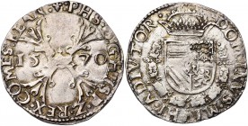 VLAANDEREN, Graafschap, Philips II (1555-1598), AR kwart Bourgondische rijksdaalder, 1570, Brugge. Vz/ Vuurijzer op stokkenkruis. Kz/ Gekroond wapensc...