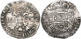 VLAANDEREN, Graafschap, Karel II (1665-1700), AR patagon, 1690, Brugge. 1e type. Vz/ Gekroond stokkenkruis met een vuurijzer tussen het jaartal en het...