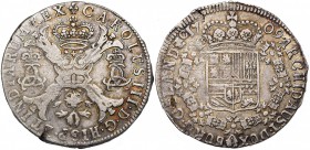 VLAANDEREN, Graafschap, Karel III (1703-1711), Spaanse troonpretendent, AR halve patagon, 1709, Brugge. Vz/ Gekroond stokkenkruis met een vuurijzer tu...