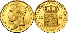 BELGIQUE, Royaume des Pays-Bas, Guillaume Ier (1815-1830), AV 10 gulden, 1828B, Bruxelles. Sch. 194; Fr. 329.
presque Fleur de Coin