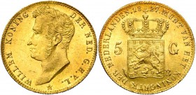 BELGIQUE, Royaume des Pays-Bas, Guillaume Ier (1815-1830), AV 5 gulden, 1827B, Bruxelles. Sch. 198; Fr. 330.
Superbe à Fleur de Coin