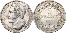 BELGIQUE, Royaume, Léopold Ier (1831-1865), AR 5 francs, 1833. Pos. A. Bogaert 27A. Petits coups. Nettoyé.
Superbe