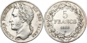 BELGIQUE, Royaume, Léopold Ier (1831-1865), AR 5 francs, 1833. Pos. A. Bogaert 27A. Petits coups. Nettoyé.
Très Beau à Superbe