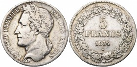 BELGIQUE, Royaume, Léopold Ier (1831-1865), AR 5 francs, 1834. Pos. A. Bogaert 82A. Nettoyé.
Beau à Très Beau