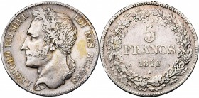 BELGIQUE, Royaume, Léopold Ier (1831-1865), AR 5 francs, 1844. Pos. A. Bogaert 206A. Rare Petits coups.
Très Beau