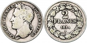 BELGIQUE, Royaume, Léopold Ier (1831-1865), AR 2 francs, 1834. Pos. B. Lettres inclinées à d. Bogaert 89B1. Rare.
Beau