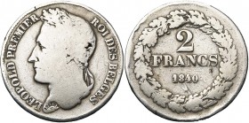 BELGIQUE, Royaume, Léopold Ier (1831-1865), AR 2 francs, 1840. Pos. A. Lettres inclinées à g. Bogaert 169A. Rare.
très bien conservé