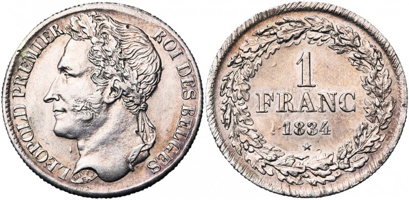BELGIQUE, Royaume, Léopold Ier (1831-1865), AR 1 franc, 1834. Dupriez 92.
presq...