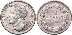BELGIQUE, Royaume, Léopold Ier (1831-1865), AR 1/4 de franc, 1835. Avec signature. Dupriez 130. Fines griffes.
presque Superbe