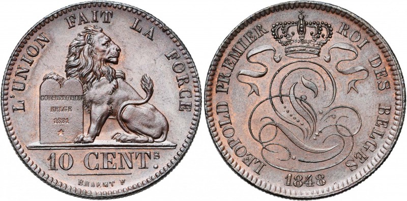 BELGIQUE, Royaume, Léopold Ier (1831-1865), Cu 10 centimes, 1848 sur 1838. BRAEM...