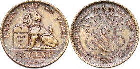 BELGIQUE, Royaume, Léopold Ier (1831-1865), Cu 10 centimes, 1855. Dupriez 563. Rare Coup sur la tranche.
Très Beau à Superbe