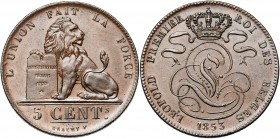 BELGIQUE, Royaume, Léopold Ier (1831-1865), Cu 5 centimes, 1853. Dupriez 559.
Superbe à Fleur de Coin