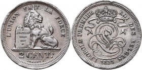 BELGIQUE, Royaume, Léopold Ier (1831-1865), Cu 2 centimes, 1835. BRAEMT F. avec point. Listel large. Surfrappé. Bogaert 134A. Rare Petits coups sur la...