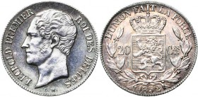 BELGIQUE, Royaume, Léopold Ier (1831-1865), AR 20 centimes, 1852. L.W. avec points. Bogaert 523A. Patine foncée au droit.
presque Fleur de Coin