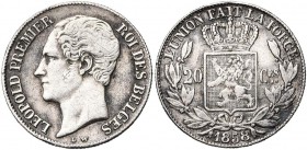 BELGIQUE, Royaume, Léopold Ier (1831-1865), AR 20 centimes, 1858. Dupriez 601. Rare Fines griffes.
Très Beau