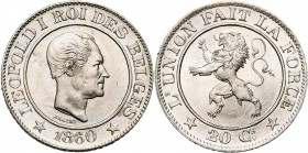 BELGIQUE, Royaume, Léopold Ier (1831-1865), Cupro-nickel 20 centimes, 1860. LEOPOLD I sans point. Dupriez 752. Petits coups.
Superbe à Fleur de Coin...