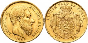 BELGIQUE, Royaume, Léopold II (1865-1909), AV 20 francs, 1869. Type II. Pos. B. Bogaert 1101D; Fr. 413.
Très Beau à Superbe