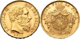 BELGIQUE, Royaume, Léopold II (1865-1909), AV 20 francs, 1876. Pos. B. Dupriez 1195; Bogaert 1195B. Rare.
Très Beau à Superbe