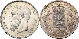 BELGIQUE, Royaume, Léopold II (1865-1909), AR 5 francs, 1865. Dupriez 968. Petits coups.
Superbe