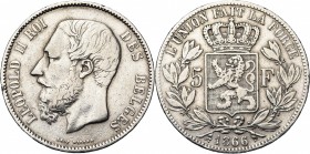 BELGIQUE, Royaume, Léopold II (1865-1909), AR 5 francs, 1866. F sans point. Bogaert 1005A. Rare Nettoyé.
Beau à Très Beau