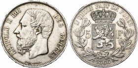 BELGIQUE, Royaume, Léopold II (1865-1909), AR 5 francs, 1866. F avec point. Bogaert 1005B. Rare Nettoyé.
Très Beau