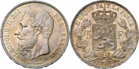 BELGIQUE, Royaume, Léopold II (1865-1909), AR 5 francs, 1867. F avec point. Grand 7. Bogaert 1074B4. Coups sur la tranche.
presque Superbe
