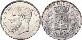 BELGIQUE, Royaume, Léopold II (1865-1909), AR 5 francs, 1868. Pos. B. Bogaert 1093B. Le droit nettoyé. Fines griffes.
Superbe