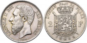 BELGIQUE, Royaume, Léopold II (1865-1909), AR 2 francs, 1866. Sans croix sur la couronne. Dupriez -; Bogaert -. Extrêmement rare.
Très Beau à Superbe...