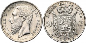 BELGIQUE, Royaume, Léopold II (1865-1909), AR 50 centimes, 1881 sur 1861. Dupriez 1227 var. Rare Nettoyé.
Superbe