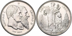 BELGIQUE, Royaume, Léopold II (1865-1909), AR 5 francs, 1880. Cinquantenaire de l''indépendance. 15 rayons à g. de la colonne, touchant le bord. Dupri...