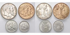 BELGIQUE, Royaume, Léopold II (1865-1909), lot de 4 p. commémorant le cinquantenaire de l''indépendance: 5 francs (15 rayons), 2 francs, 1 franc et 10...