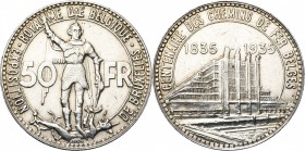 BELGIQUE, Royaume, Léopold III (1934-1951), AR 50 francs, 1935FR. Pos. A. Frappe médaille. Exposition universelle - Centenaire des chemins de fer. Bog...