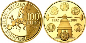 BELGIQUE, Royaume, Albert II (1993-2013), AV 100 euro, 2007. 175e anniversaire de la frappe de monnaies en Belgique. Ecrin et certificat.
Flan poli
