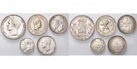 BELGIQUE, Royaume, lot de 5 p.: Léopold Ier, 2 1/2 francs 1848 (petite tête, défaut de flan sur la tranche); 20 centimes 1861; Léopold II, 1 franc 190...